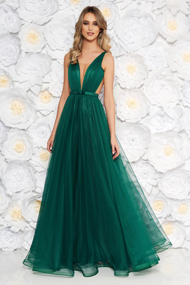 Ana Radu occasional net green dress with v-neckline bow accessory