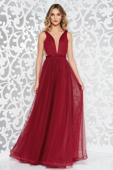 Ana Radu occasional net burgundy dress with v-neckline bow accessory