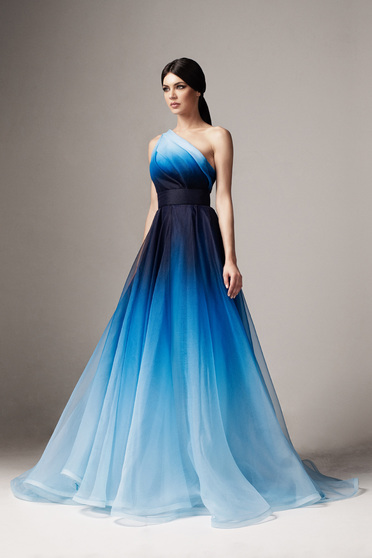 Ana Radu blue one shoulder cloche luxurious dress with inside lining long accessorized with tied waistband