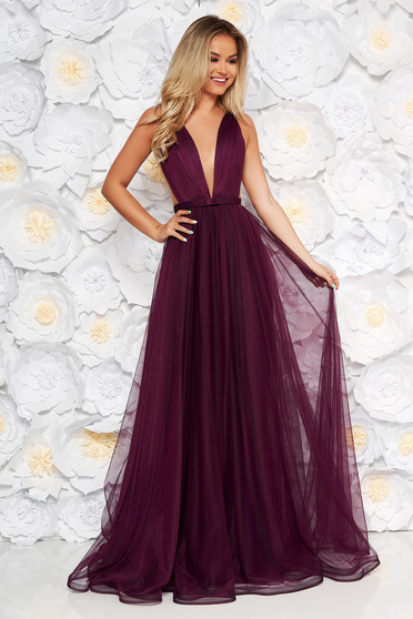 Ana Radu occasional net purple dress with v-neckline bow accessory