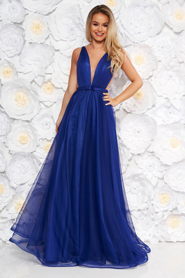Ana Radu occasional net blue dress with v-neckline and bow accessory