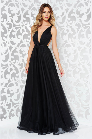 Ana Radu occasional net black dress with v-neckline bow accessory