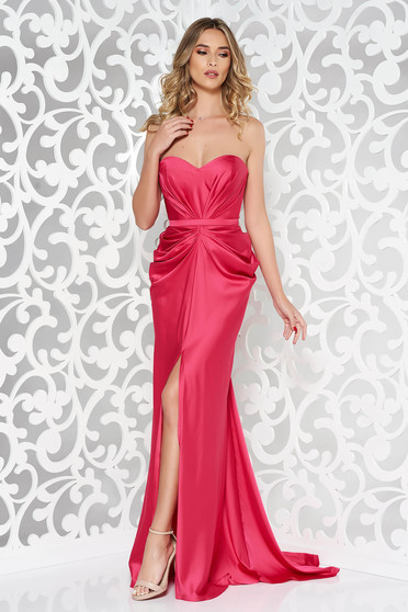 Ana Radu luxurious off shoulder dress from satin fabric texture with push-up bra accessorized with tied waistband fuchsia