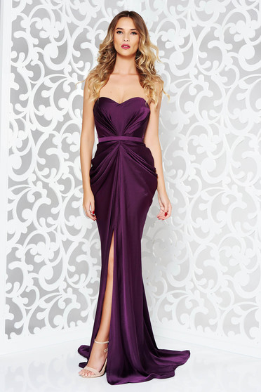 Ana Radu luxurious off shoulder dress from satin fabric texture with push-up bra accessorized with tied waistband purple