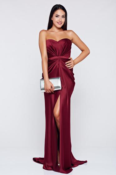 Ana Radu luxurious off shoulder dress from satin fabric texture with push-up bra accessorized with tied waistband burgundy