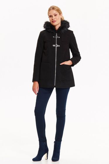 Black coat short cut flared with pockets with furry hood zipper fastening casual