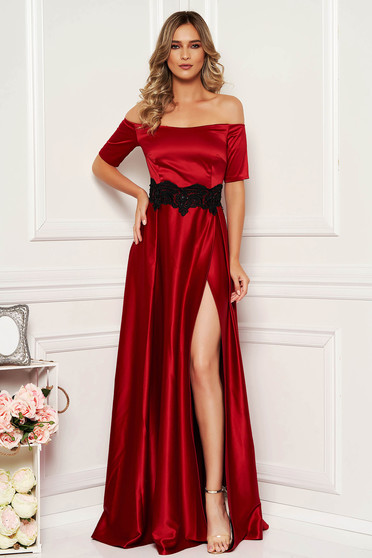 Artista occasional burgundy dress with satin fabric texture embroidery details