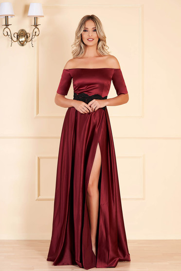 Artista occasional burgundy dress with satin fabric texture embroidery details