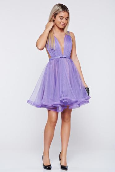 Ana Radu cloche lila luxurious dress with a cleavage from tulle with inside lining accessorized with tied waistband