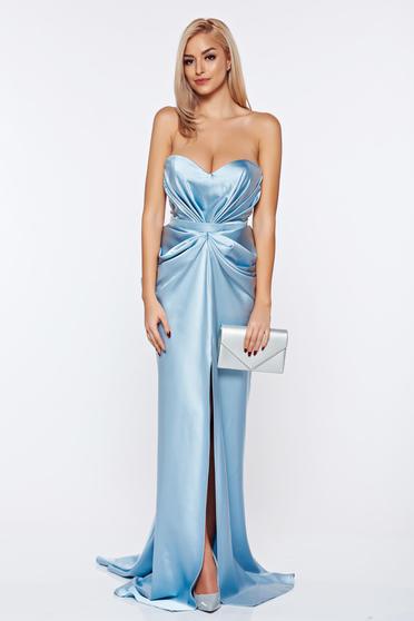 Ana Radu luxurious off shoulder dress from satin fabric texture with push-up bra accessorized with tied waistband aqua
