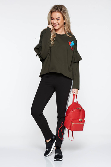 Darkgreen casual embroidered flared sweater with ruffled sleeves