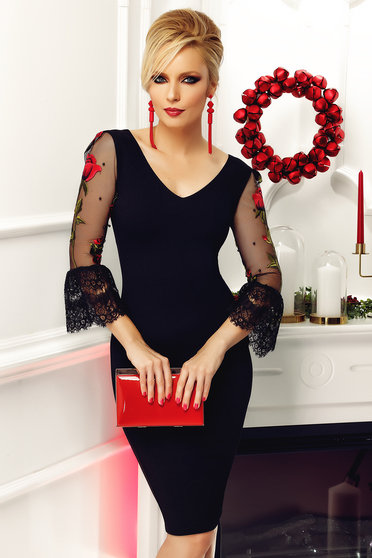 Fofy black occasional embroidered dress with bell sleeve
