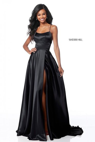 Sherri Hill black dress luxurious flaring cut from satin fabric texture with straps long