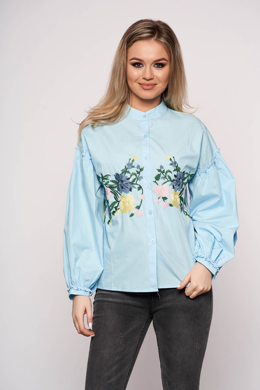 Blue women`s shirt casual cotton embroidered with puffed sleeves