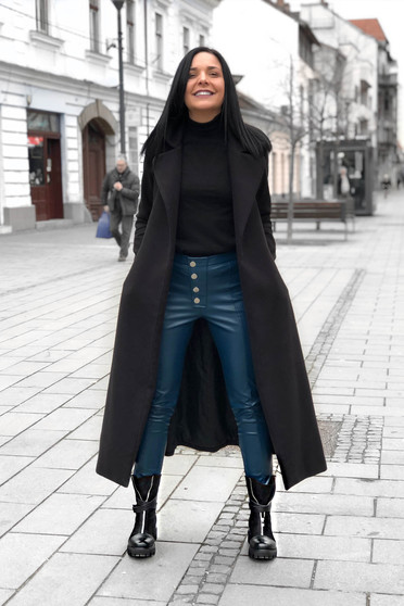 PrettyGirl blue casual conical high waisted trousers from ecological leather