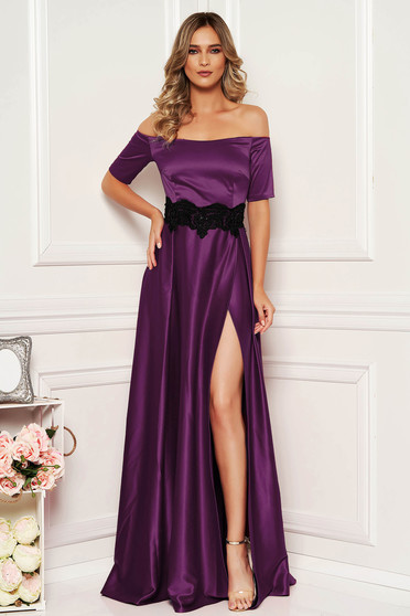 Artista occasional purple dress from satin fabric texture with embroidery details