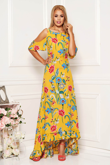 StarShinerS yellow daily asymmetrical dress both shoulders cut out thin fabric with floral prints