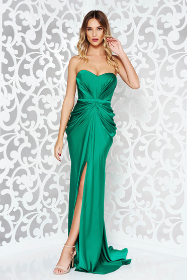 Ana Radu luxurious off shoulder dress from satin fabric texture with push-up bra accessorized with tied waistband darkgreen