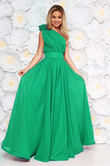 Green Ana Radu luxurious cloche dress from veil fabric with inside lining accessorized with tied waistband long