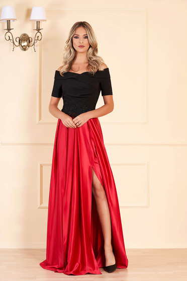 Occasional Artista red dress from satin fabric texture with embroidery details on the shoulders cloche