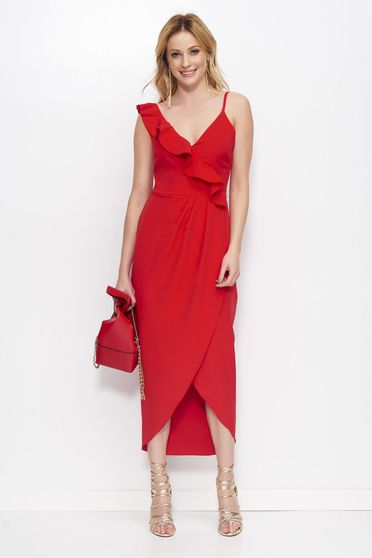 Makadamia red elegant dress asymmetrical with v-neckline with ruffle details