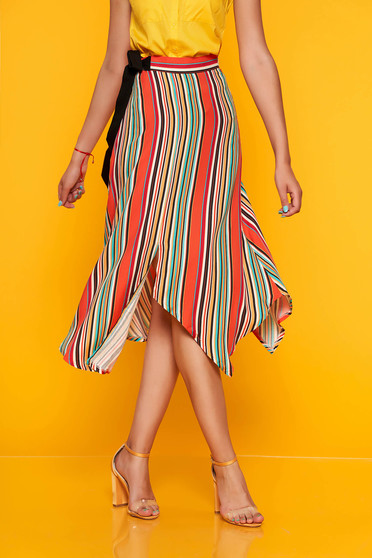 Orange casual asymmetrical cloche skirt high waisted thin coloured stripes