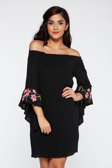 Black casual bell sleeves off shoulder dress thin fabric embroidered