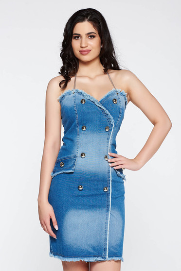 Ocassion blue casual dress elastic cotton with tented cut with metalic accessory