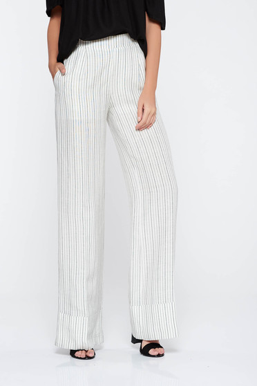 PrettyGirl white casual trousers flaring cut nonelastic fabric high waisted with pockets