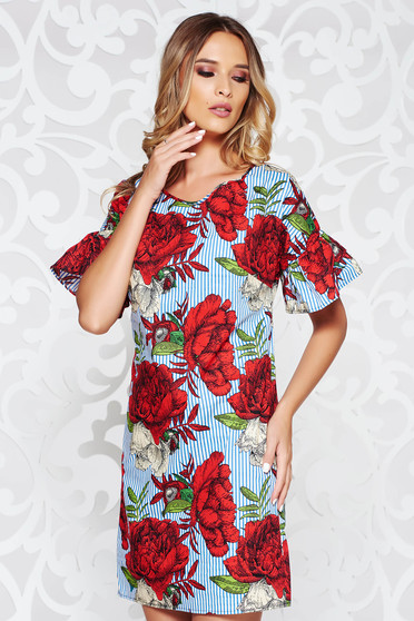 Red casual straight dress nonelastic cotton with floral prints