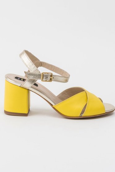 Yellow sandals office natural leather chunky heel metallic buckle