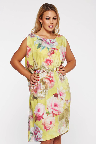 PrettyGirl yellow elegant flared dress from satin fabric texture with floral prints accessorized with tied waistband