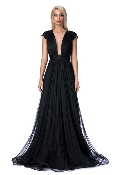 Ana Radu black occasional cloche dress with small beads embellished details with embroidery details with push-up cups