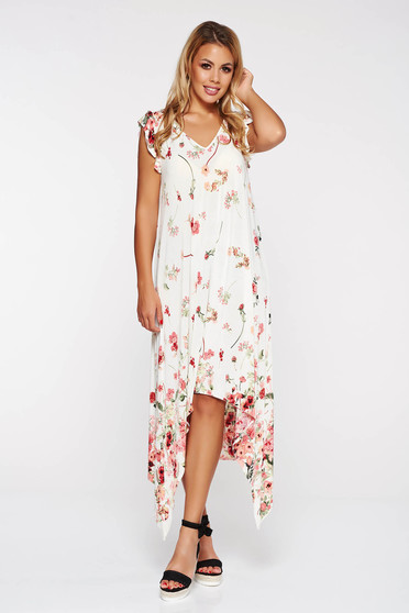 StarShinerS white asymmetrical beach wear dress with easy cut with floral prints