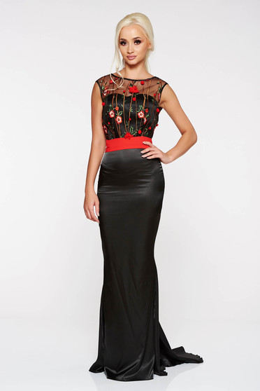 PrettyGirl black occasional long mermaid dress with embroidery details from satin fabric texture accessorized with tied waistband