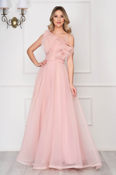 Ana Radu rosa occasional flaring cut dress with ruffles on the chest accessorized with tied waistband
