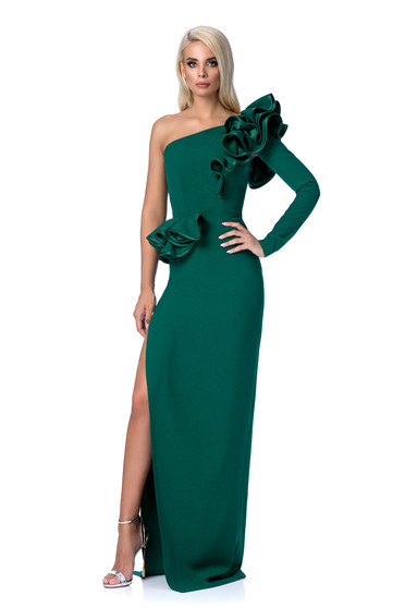Ana Radu green occasional dress with tented cut with ruffle details from elastic and fine fabric