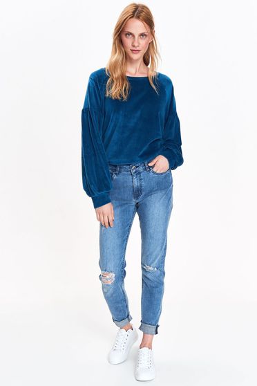 Top Secret blue casual flared velvet sweater with puffed sleeves