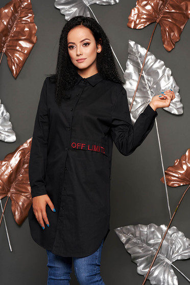 Black women`s shirt casual flared embroidered asymmetrical long sleeved
