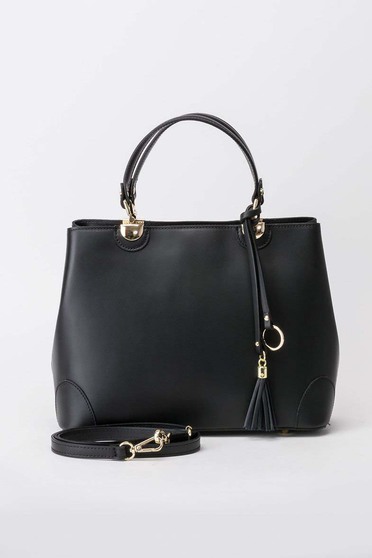 Black office bag natural leather long, adjustable handle
