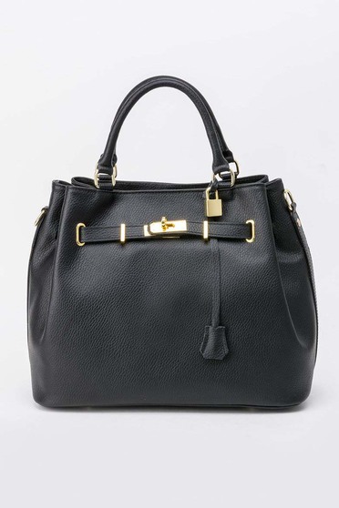 Black office bag natural leather with metalic accessory
