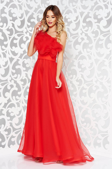 Ana Radu red dress luxurious from tulle with inside lining with ruffles on the chest one shoulder
