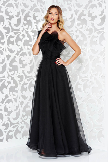 Ana Radu black dress luxurious from tulle with inside lining with ruffles on the chest one shoulder