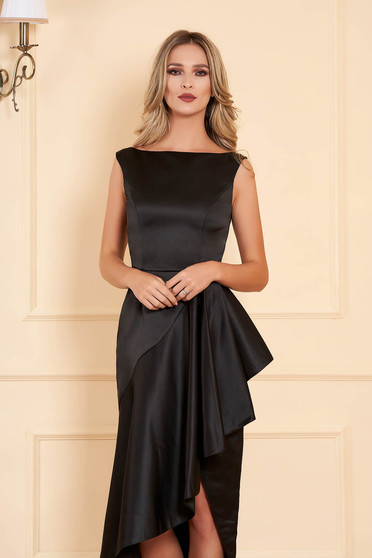 Black occasional asymmetrical sleeveless dress from satin fabric texture with ruffle details