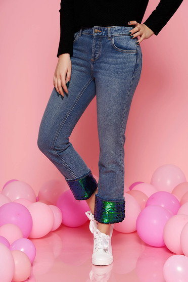 Blue casual with medium waist cotton jeans with sequin embellished details with straight cut