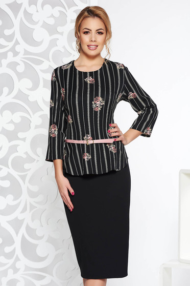Black elegant pencil dress frilled slightly elastic fabric accessorized with belt