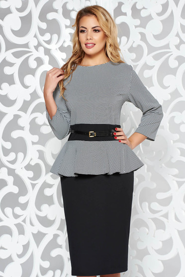 Black elegant pencil dress frilled slightly elastic fabric accessorized with belt