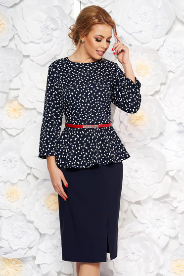Darkblue elegant pencil dress slightly elastic fabric frilled accessorized with belt
