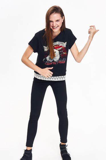 Top Secret black casual flared women`s blouse cotton with lace details