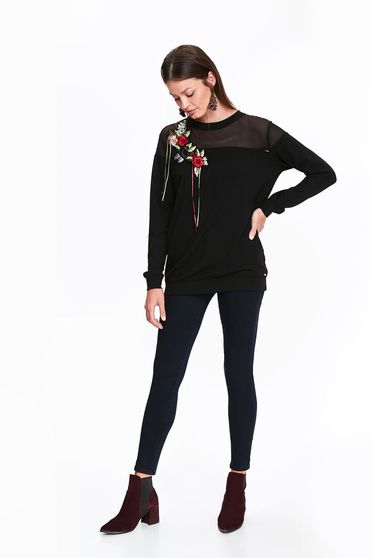 Top Secret black casual flared women`s blouse with embroidery details